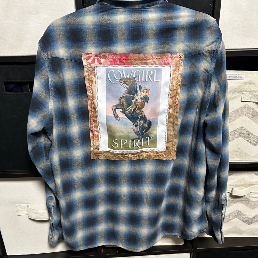 Custom Blue Plaid Flannel Button-Up Shirt with Cute Material Sign on Back